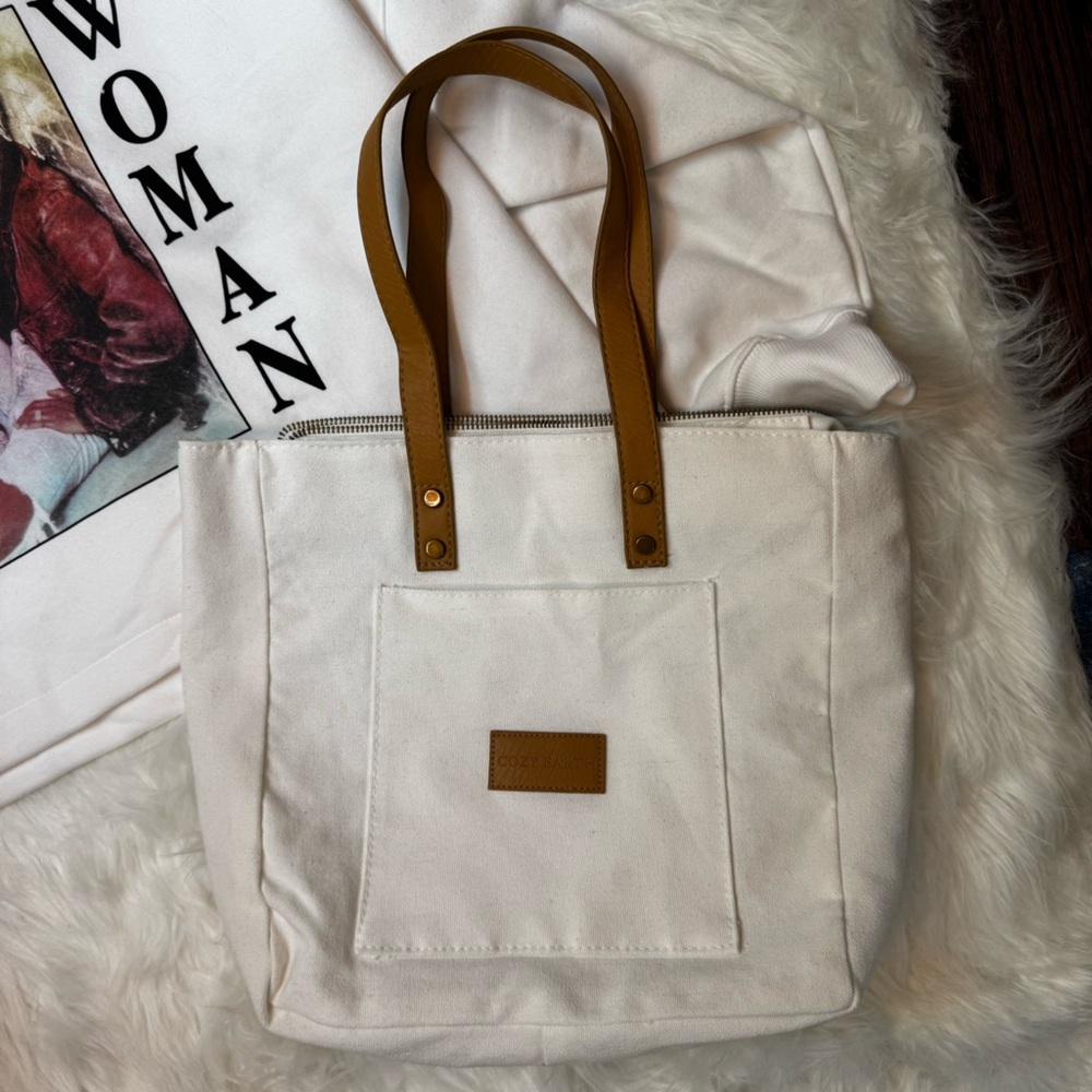 Cozy Neutral Lover Girlâs Perfect Errand Run Bundle Tan Beige Brown White Tote - Picture 4 of 9